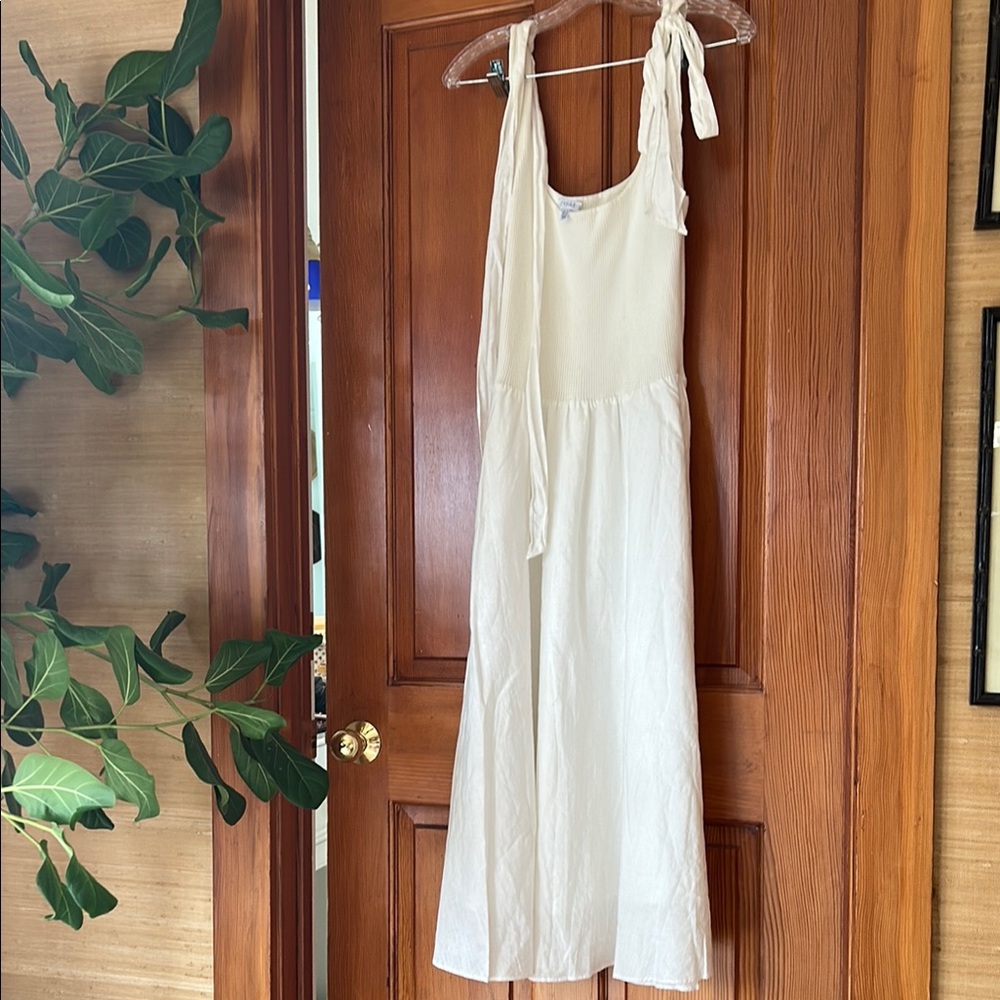 Knit top and Linen bottom Cream Lined Sleeveless Dress with ties.  Flowy.
